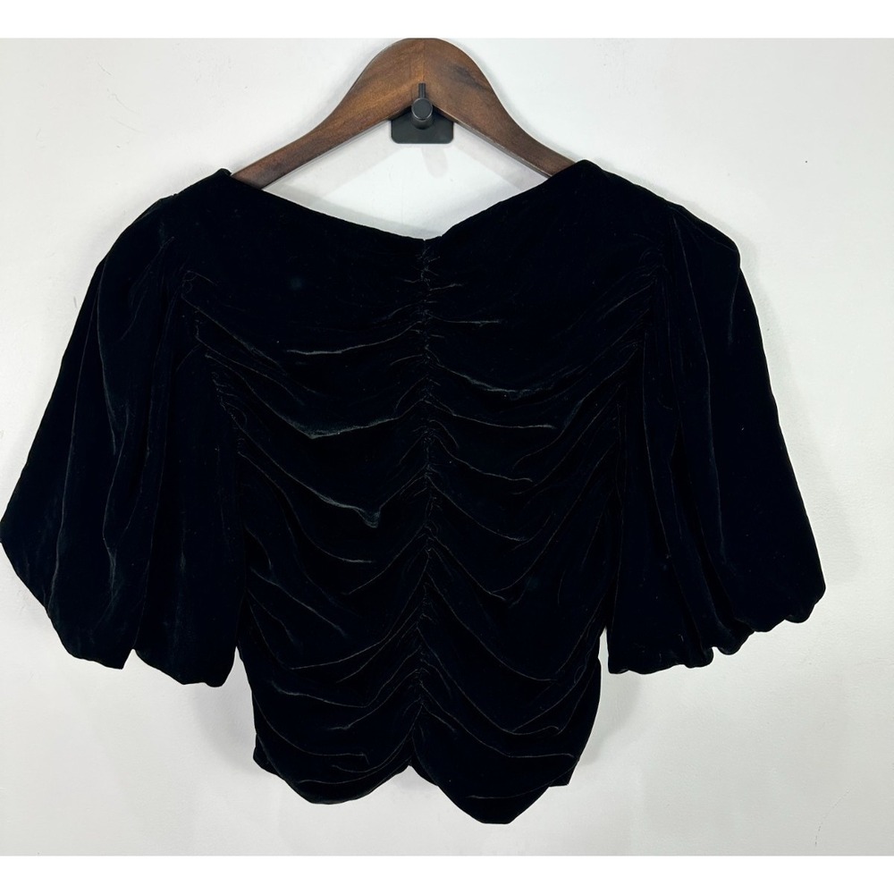 Zara Black Velvet Ruched Crop Top Size Small Puff Sleeve Whimsigoth Art Deco - Picture 3 of 5